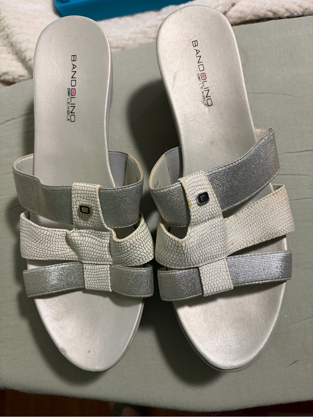 Bandolino Silver and White Leather Slide Mules